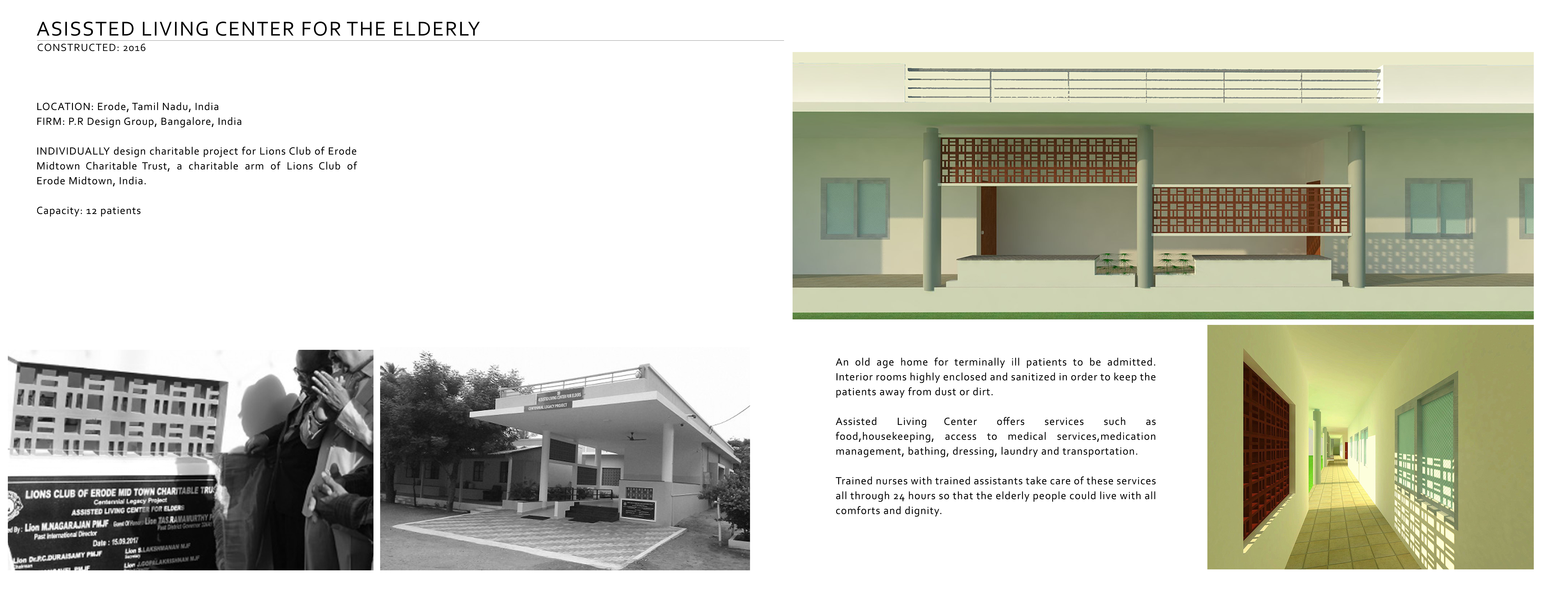 Assisted living centre presentation sheet, elevation, interior corridor, and construction photographs, Erode