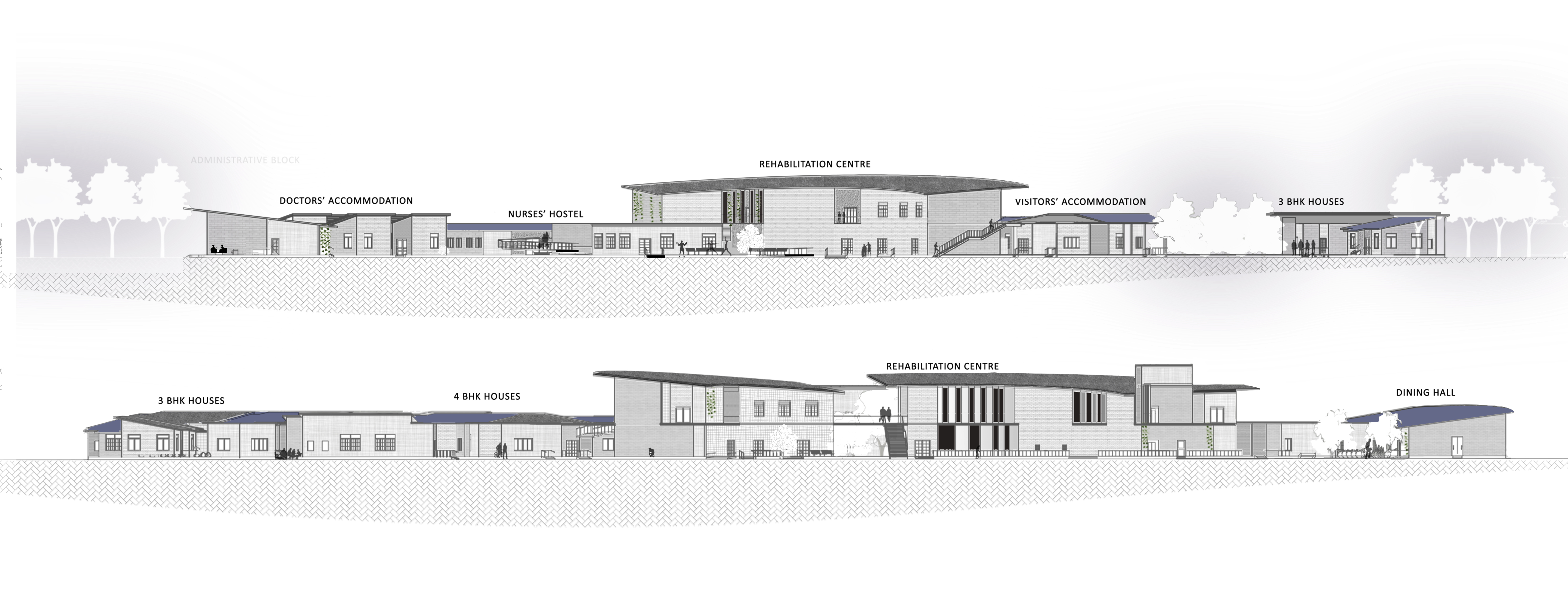 Mind Abode long elevations showing rehabilitation centre, accommodation, and dining hall, India