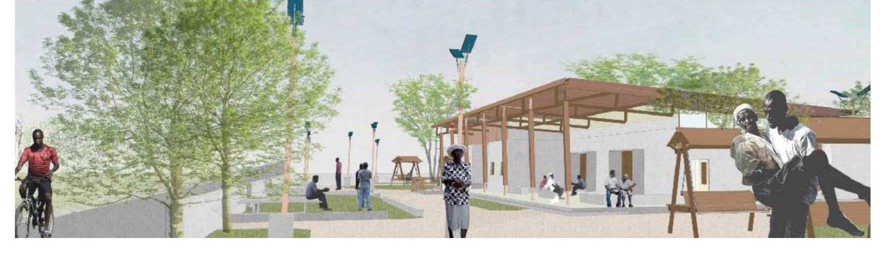 Teaching hospital exterior render with shaded ward, trees, and gathering space, Neply, Haiti