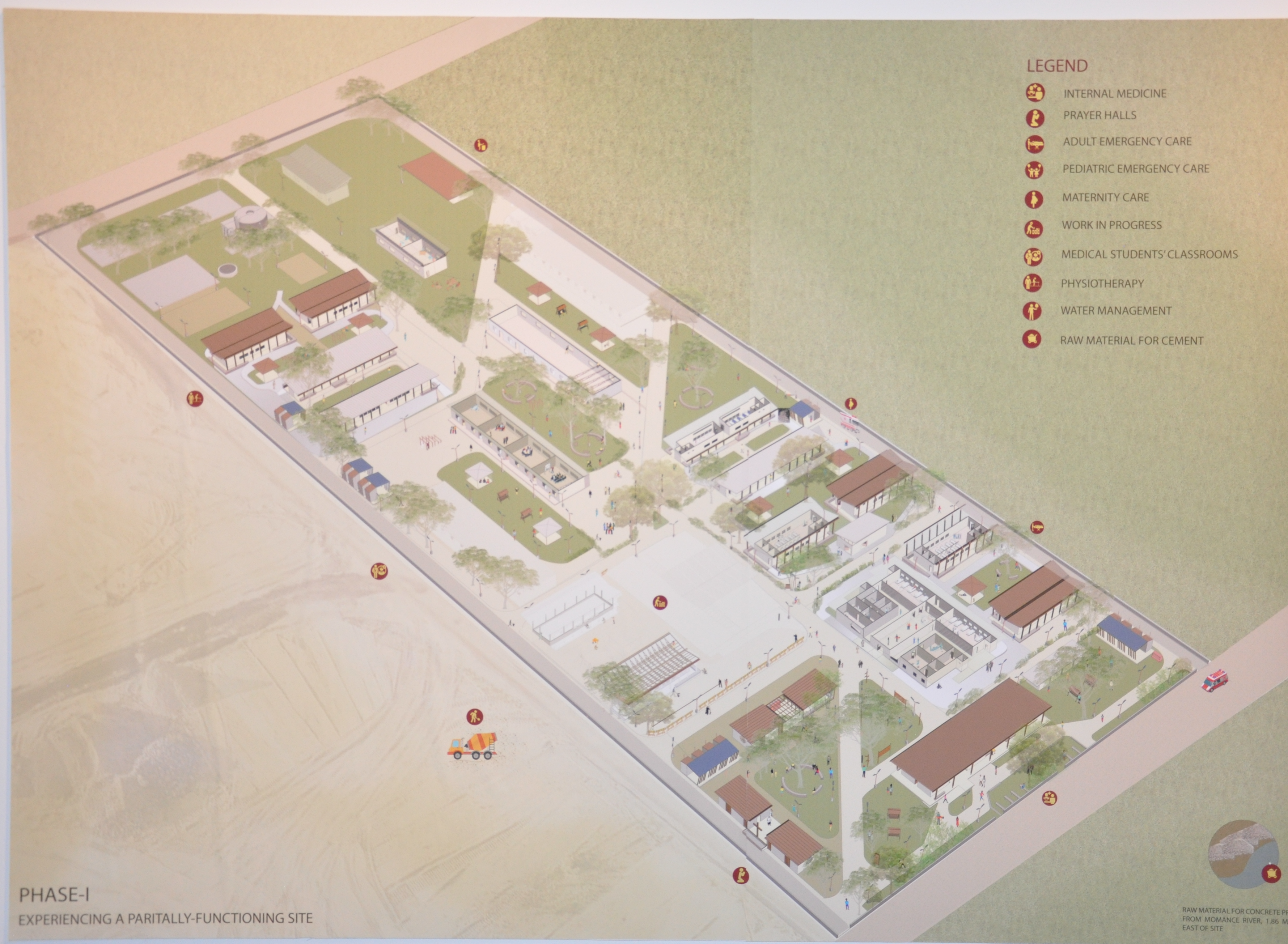 Phase I site master plan of the teaching hospital campus, Neply, Haiti, showing emergency, maternity, and pediatric care buildings